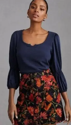 Maeve NWT Anthropologie Navy Ribbed Satin Tiered Balloon Sleeve Top Size Small