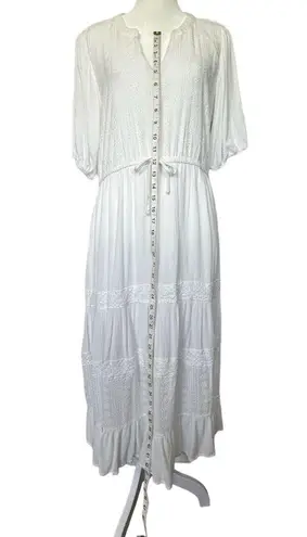 Knox Rose  boho white lace tiered drawstring waist embroidered midi dress - M