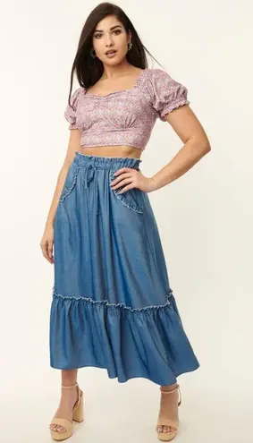 Unique Vintage NWT  1970s Chambray Ruffle Tiered Midi Skirt X-SMALL