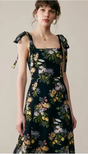 RIHOAS Floral Midi Dress Tie Strap Square Neck Black Yellow Spring Summer S