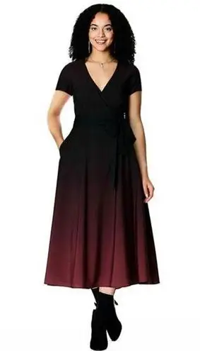 Eshakti  MEDIUM 8 Black Red Ombre Print Crepe Wrap Dress Midi Tea Length A Line