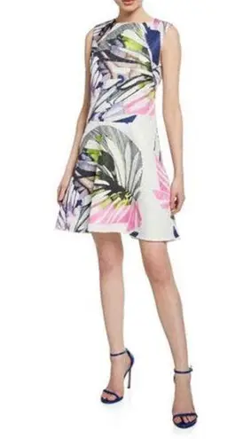 JOSIE NATORI Botanical Palms Jacquard Leaf Print Mini Dress Ivory Sz 2 Pink
