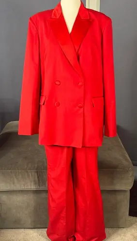 Women’s Red 2 Piece Formal Tuxedo Suit Satin Peak Lapel Dbl Breasted L **READ Size L