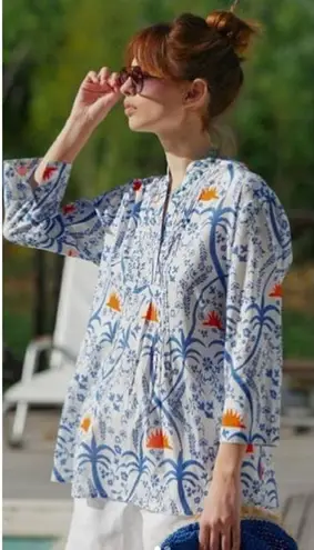 Ro's Garden Aries Blue and Orange Print Shirt NWT Sz. S White