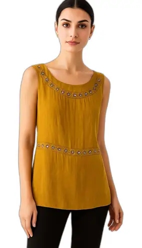 Spencer Jeremy Silk Empire Waist Rhinestone Silk Blouse MUSTARD YELLOW HOLIDAY Gold Size M