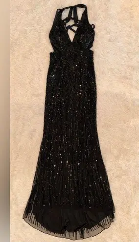Mac Duggal NWOT Sleeveless Faux Wrap Sequin Embellished Cut Out Back Black Sz 4