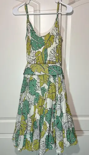 Tori Richard Tropical Leaf Print Belted Mini Dress Green Boho Cotton Resort 4