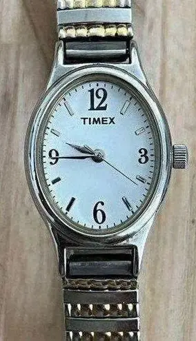 Timex Ladies Watch White Dial Two Tone Stainless Stretch Bracelet