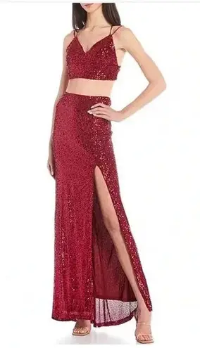 Jump Sequin-Embellished V-Neck Cropped Top & Long Skirt Two-Piece Dress