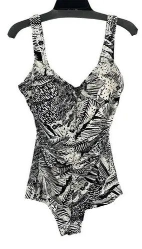 Azul Womens Tropical Ruched Front One Piece Swimsuit Black White Size 18