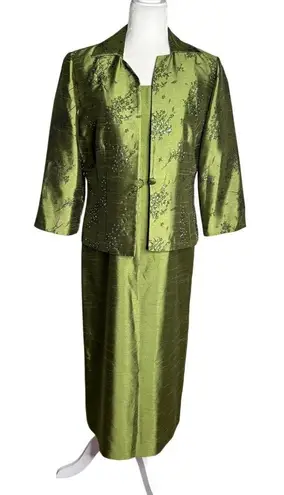 Coldwater Creek Two Piece Green Brocade Dress Jacket Set Petite 10 Green Beaded