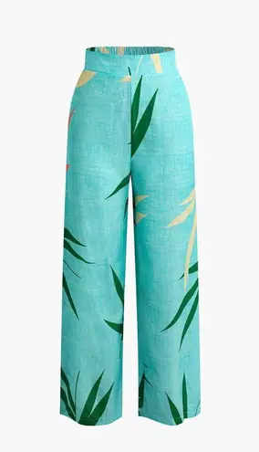 Micas Bamboo Leaf Print Knot Tropical Boho Resort Cami Top And Pants Set Blue XL