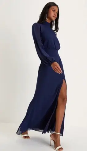 Lulus Graceful Entrance Navy Blue Long Sleeve Backless Maxi Dress Size L Size L