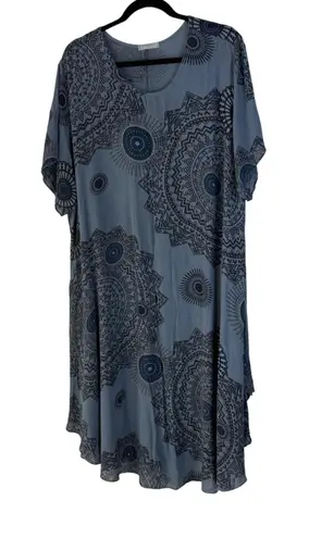 Women's Blue Mandala Print Tunic Dress Made in Italy Short Sleeve Resort Beach Size XL