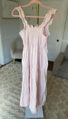 Quince Linen Smocked Maxi Dress Pink Ruffle Strap XL Cottagecore Parisian Garden