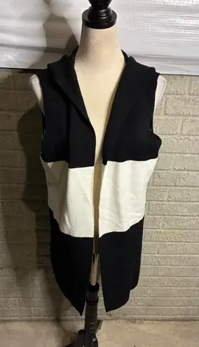Sioni Hooded Sleeveless Vest Black White Color Block Long Cardigan Knit Size L