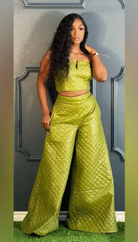 The Sang The Quilted Set Olive Sequin Bustier And High Waisted Wide Leg Pants Set Medium