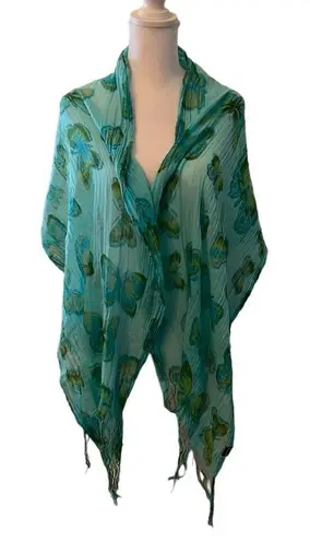 D&Y turquoise/green oblong fringed butterfly print scarf approx 23x72 EUC