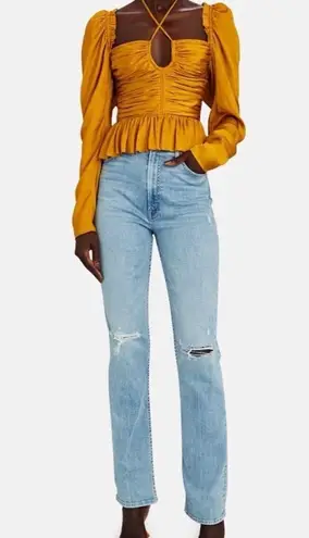 Ulla Johnson Mirelle Plisse Satin Peplum Mustard Long Sleeve Ruched blouse NEW