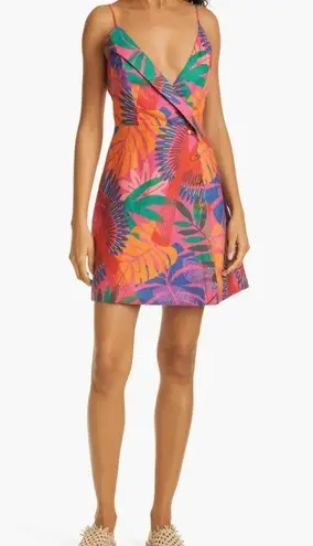 Farm Rio Linen Bright Macaw Side Buttons Mini Dress Size Large