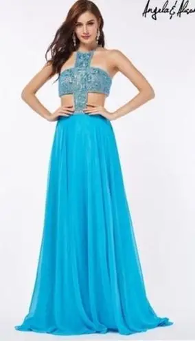 Angela and Alison teal blue beaded prom wedding ball evening gown size 0 Pageant