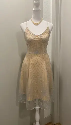 Beige Cream & Silver Glittery Art Deco Patterned Overlay Sleeveless Dress