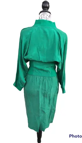 Vintage 80s Kelly Green Gingerfield Silk Two Piece Outfit Turtleneck Skirt S