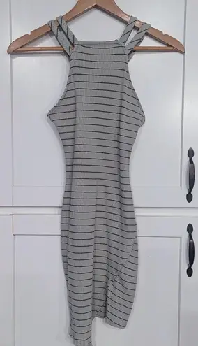 May pink Bodycon Dress – Gray Blue with Black Stripes, Size Small – Strappy Back & Front Slit