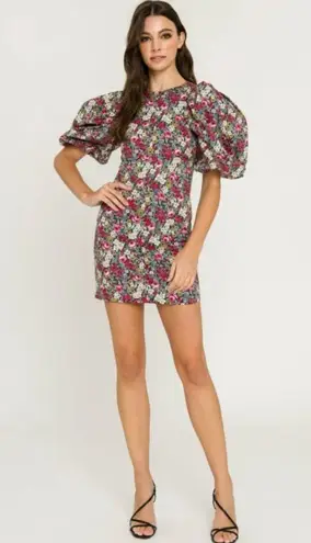 TALULAH Black Garden Floral Blouson Shoulder Puff Sleeve Mini Dress Sz XS