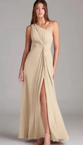 Azazie NEW Brooke Bridesmaids Dress Champaign Sz A14 One Shoulder Aline Chiffon