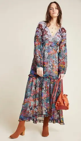 Maeve for Anthropologie Annabella Floral Print Long Sleeve V-Neck Maxi Dress 14