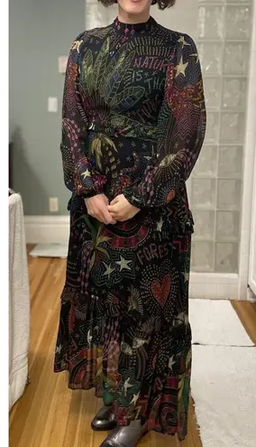 Farm Rio Black Amazonia High Neck Jungle Theme Ruffle Tiers Maxi Dress Size XS