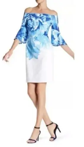 Donna Ricco  White Blue Floral Off the Shoulder Bell‎ Sleeve Dress 12 *TINY FLAW