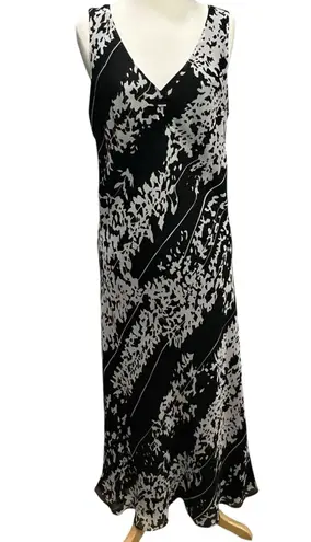 ICE Vtg Y2K Silk Maxi Dress 12 Black White Chiffon Floral Romantic Whimsygoth