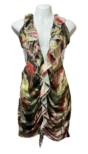 Lilyful Mini Dress Ruffle Trim Sleeveless Green Abstract Print Size L