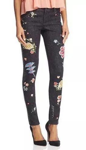 Alice + Olivia 
Jane Embroidered and Studded Skinny Jeans in Washed Black