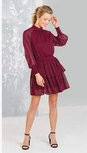 Mud Pie NWT Long Sleeve Swiss Dot Cowl Neck Burgundy Dress Sz M