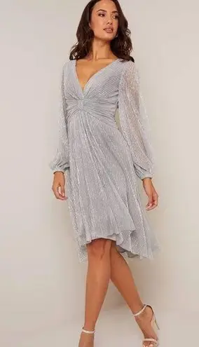 Chi Chi London Long Sleeve Wrap Dip Hem Midi Dress in Silver Size 10 - $31  - From Noel