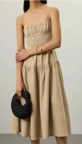 We Wore What Dress Womens Large Tan Scrunchie Linen Smocked Bodice Midi Sundress