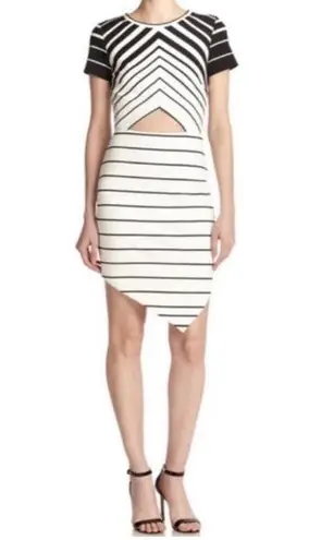 Bec & Bridge Zodiac Asymmetrical Hem Bodycon Dress Black & White Striped Angle 4