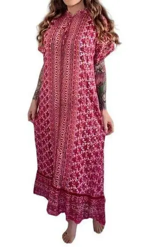 Vintage Metallic Sheer Chiffon Pink Floral Boho Button Up Maxi Kaftan Dress OS Size undefined
