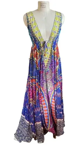 Camilla 100% Silk Swarovski Beaded V-Neck Bright Print Maxi Dress Size Medium/Lg