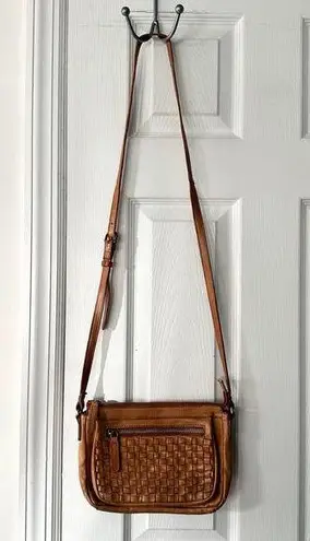 Vilenca Holland Tan Brown Woven Leather Slim Front Zip Pocket Crossbody Bag