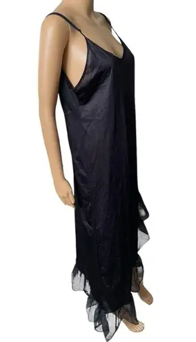 Lady Cameo Vintage 80s Plus Size Black Asymmetrical High Slit Ruffle Slip Dress