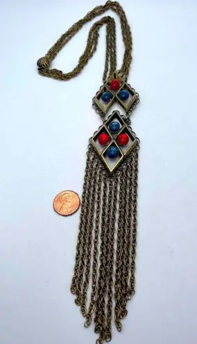 Vintage German Blue & Red Brass Tone Tassel Chain Statement Unique Rare Necklace