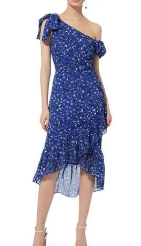 Ulla Johnson Uma Dress Cobalt Blue Floral One Shoulder Bow Midi Size 4