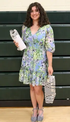 Taylor Floral Chiffon Mini Dress Enchanted Bloom Floral Womens Size 6 Blue