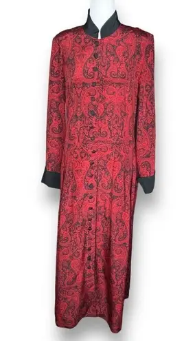 Vintage 90s Maxi Column Coat Dress Silk Red Paisley Long Sleeve Mandarin Collar Size 8