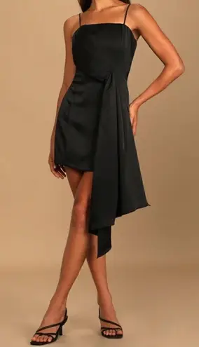 Lulus Romantic Allure Black Satin Asymmetrical Mini Dress Size M