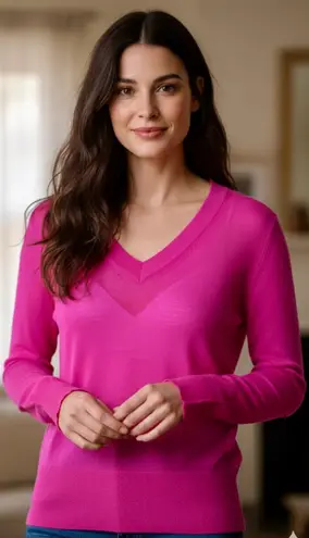 Helmut Lang Bright Pink V-Neck Ruffle Cuff Lightweight Cashmere Sweater XS - Image 1